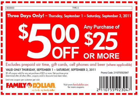 Contact information for ondrej-hrabal.eu - For instance, occasionally Family Dollar will offer $5.00 off $25.00 or $3.00 off $15.00 Family Dollar store coupons. These will be advertised online and in their weekly ad. You can also follow Yes We Coupon’s Family Dollar deals to find them! The dollar-off coupons mentioned above will only apply after all other coupons. 